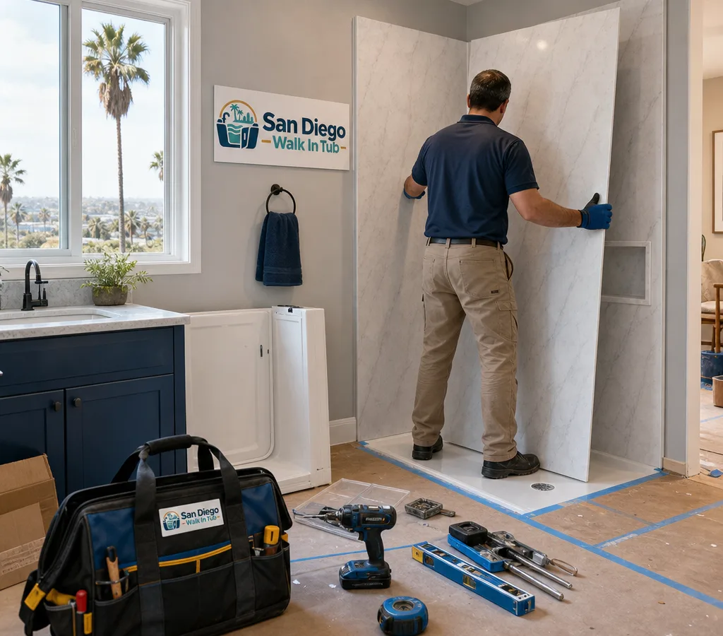 Modern bathroom renovation with protected flooring, neatly staged tools, and new shower wall panels being dry-fit
