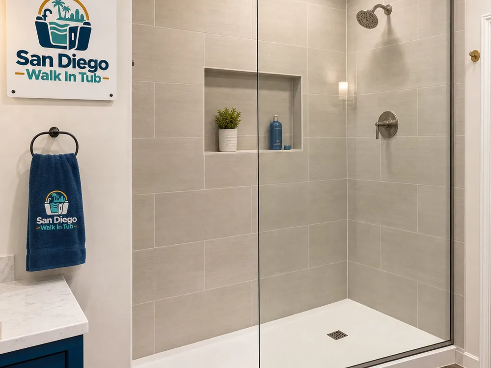 Finished walk-in shower with a single-slope pan, frameless glass, recessed niche, and neutral tile