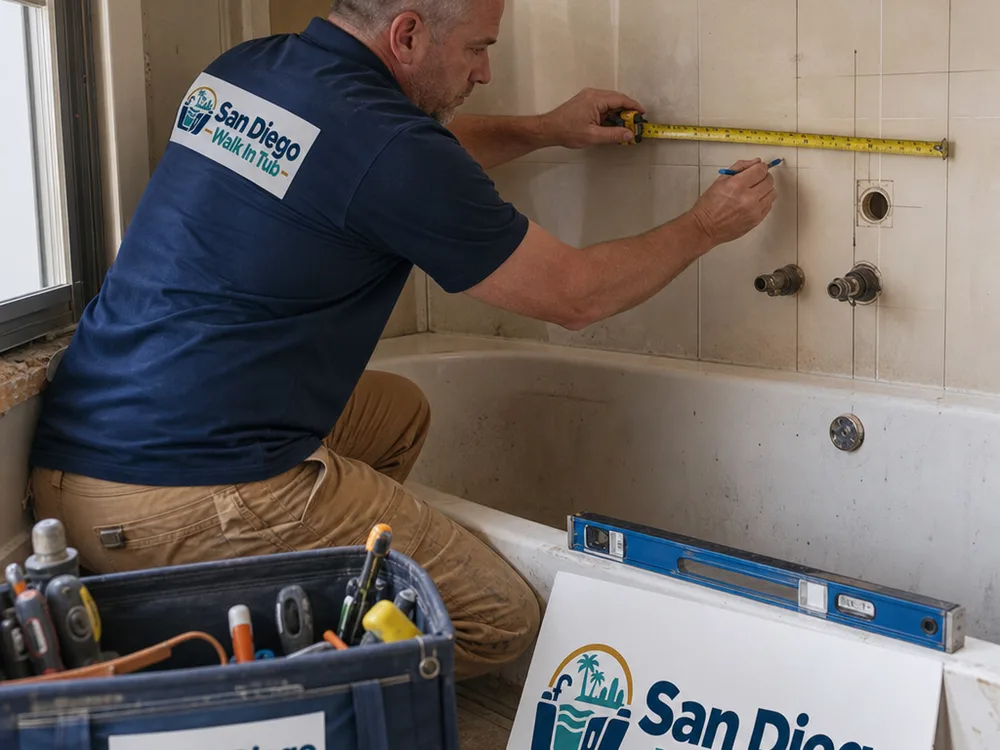 Contractor measuring an existing bathtub alcove and marking plumbing locations for a walk-in tub replacement
