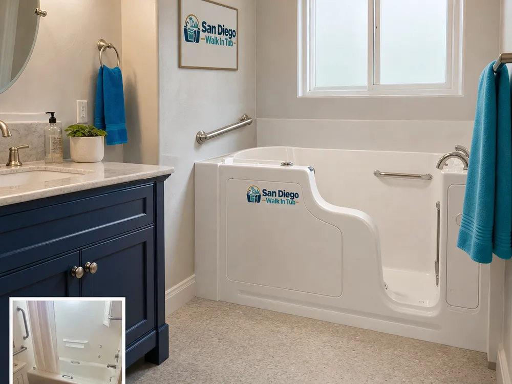 Remodeled bathroom with a walk-in tub, non-slip flooring, wider entry clearance, and updated lighting