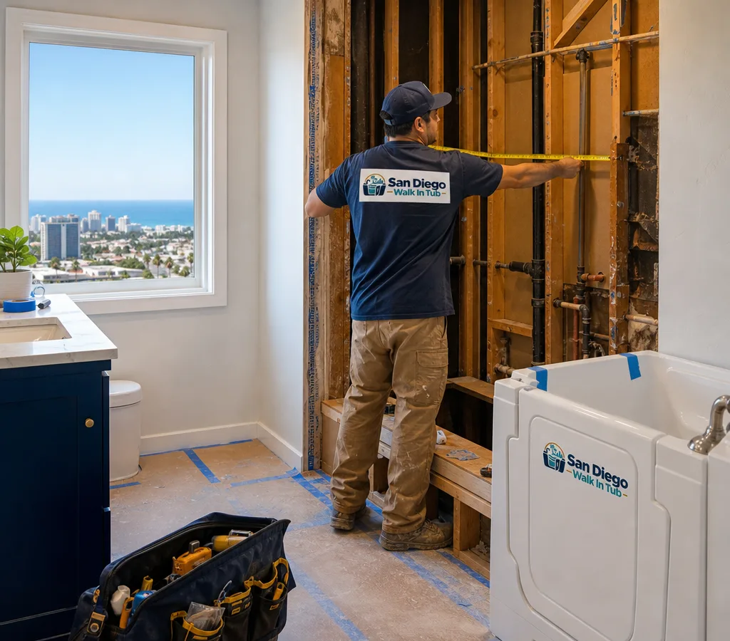 Bathroom mid-remodel with protective floor covering, an exposed plumbing wall, and a shower opening being measured