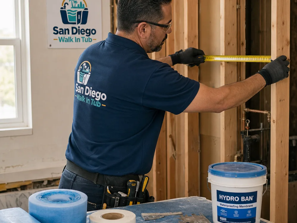Contractor checking stud-wall blocking and measuring a rough opening beside waterproofing materials