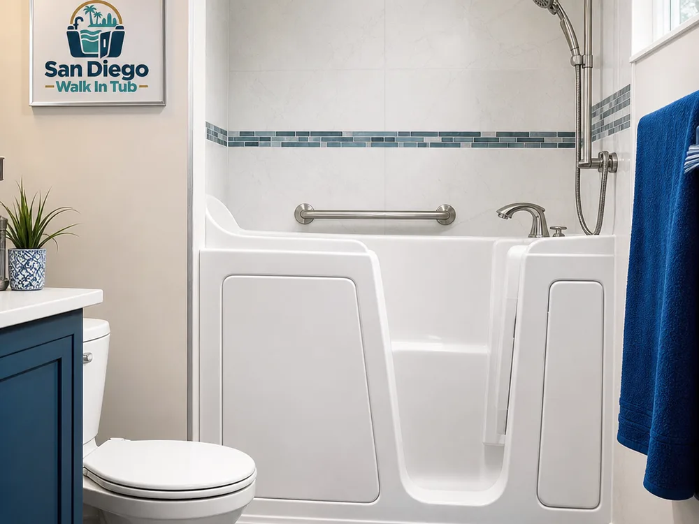 Bathroom with a walk-in tub, aligned access panel, handheld shower head, and updated grab bars