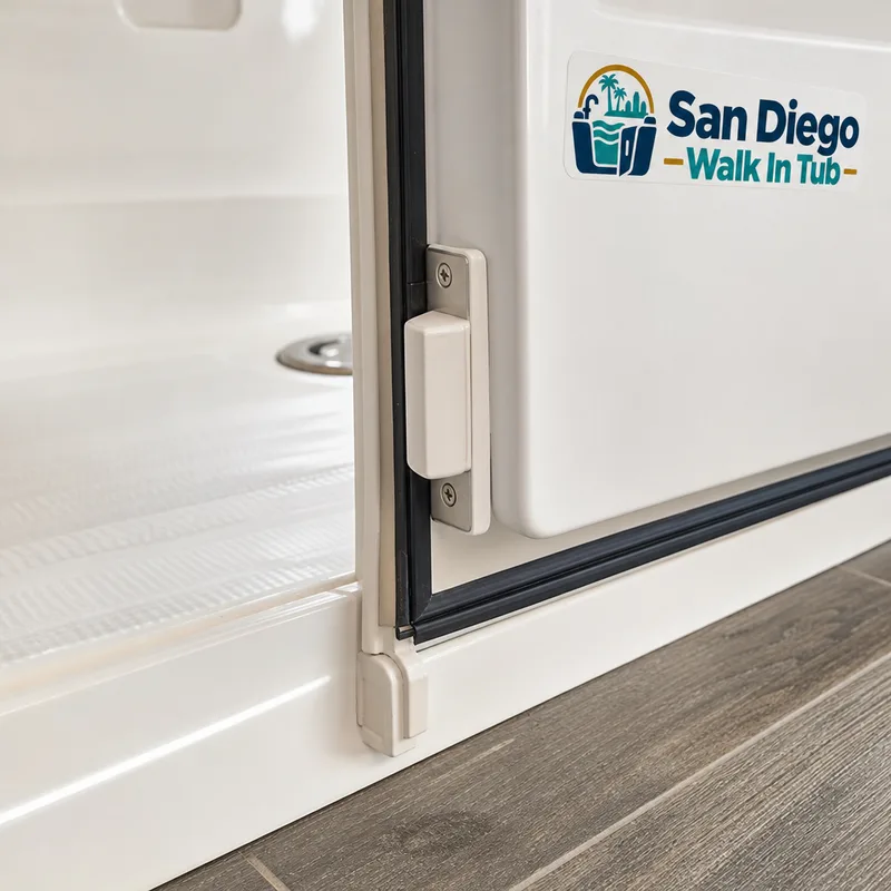 Close-up of a walk-in tub door latch and gasket sealing at the threshold