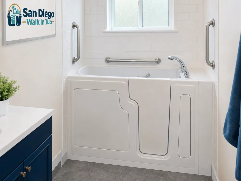 Walk-in tub in an alcove with grab bar placement and a non-slip floor surface