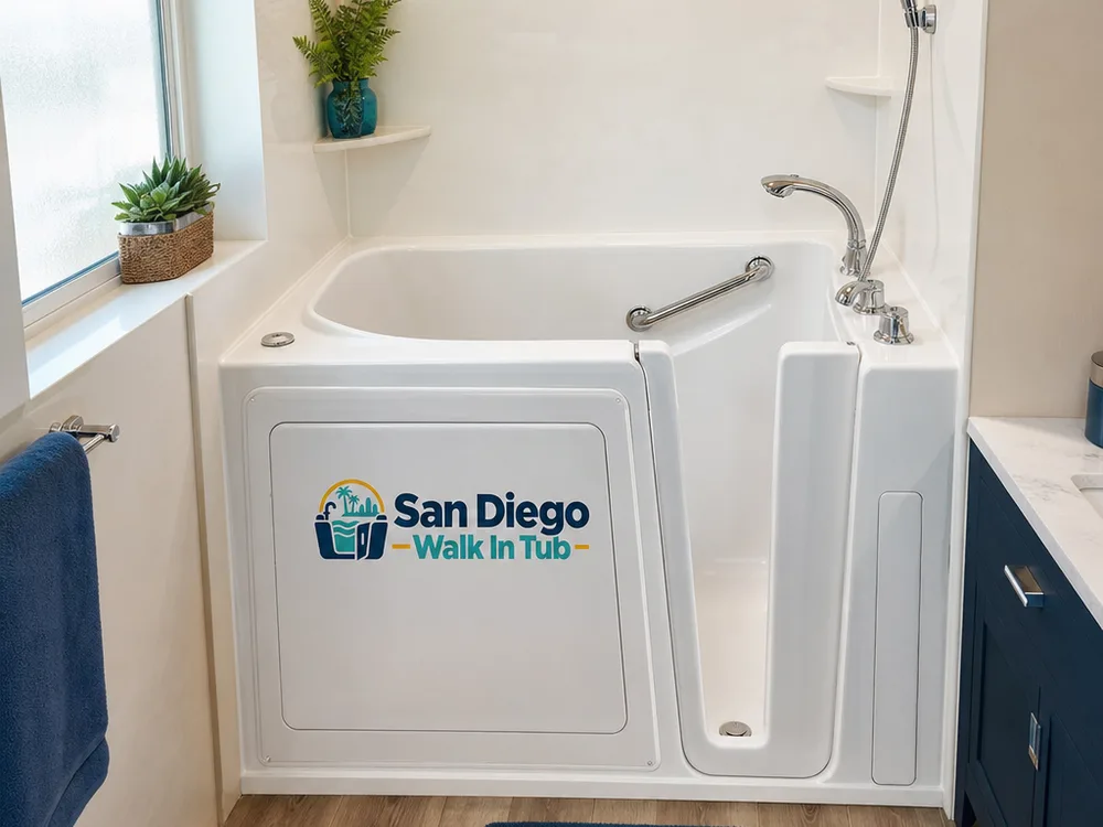 Finished walk-in tub with wall surround, accessible faucet controls, and handheld shower head within reach of the seat
