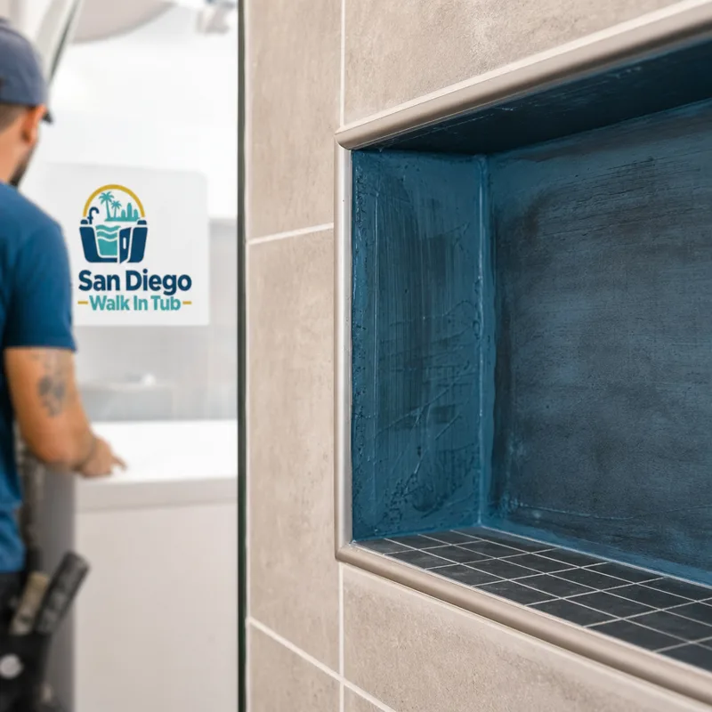 Close-up of a shower niche with waterproofed edges, clean tile trim, grout lines, and slope detail