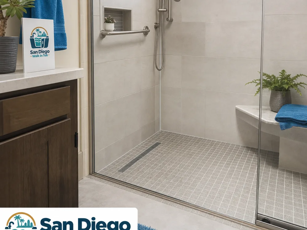 Curbless shower entry with slight ramp, linear drain, slip-resistant floor tile, and clear glass