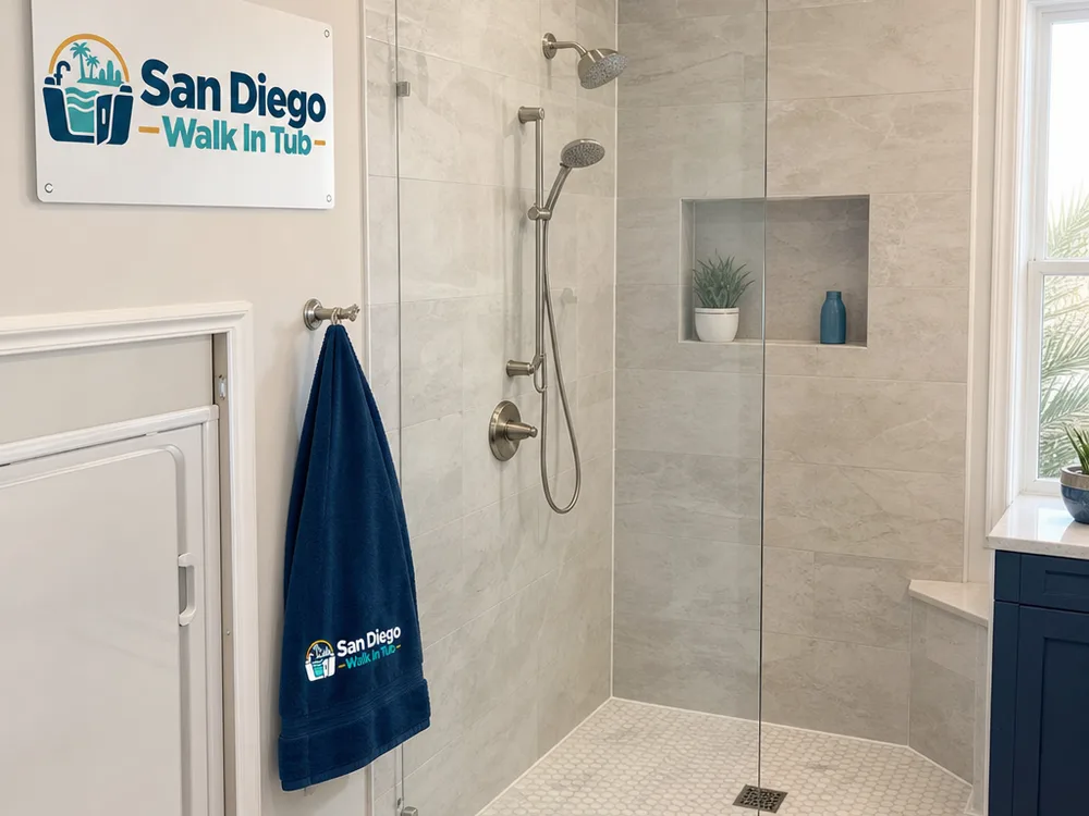 Finished walk-in shower with large-format wall tile, frameless glass panel, and built-in niche